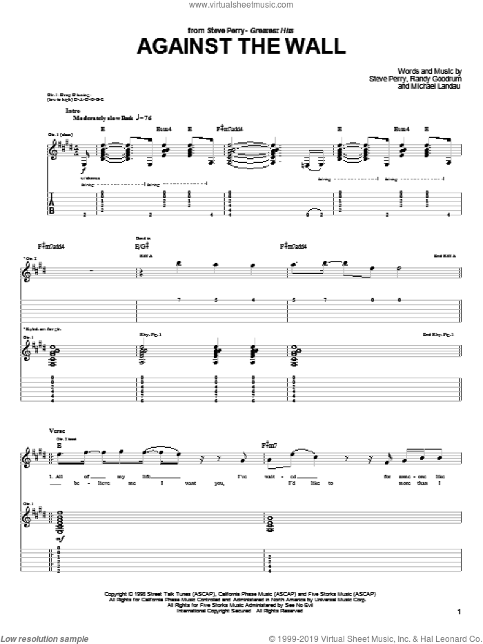 Against The Wall sheet music for guitar (tablature) by Journey, Michael Landau, Randy Goodrum and Steve Perry, intermediate skill level