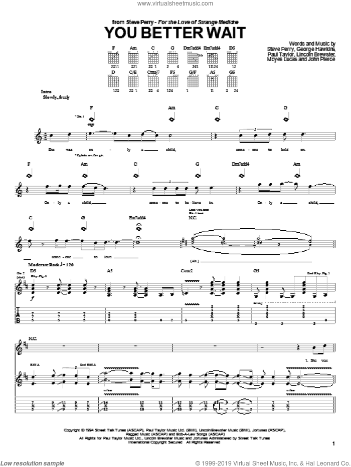 You Better Wait sheet music for guitar (tablature) by Steve Perry, George Hawkins, John Pierce, Lincoln Brewster, Moyes Lucas and Paul Taylor, intermediate skill level