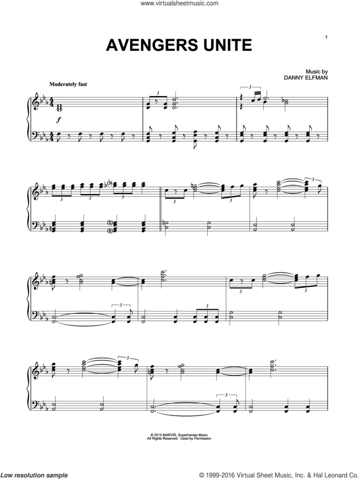 Avengers Unite (from Avengers: Age of Ultron) sheet music for piano solo by Danny Elfman, intermediate skill level