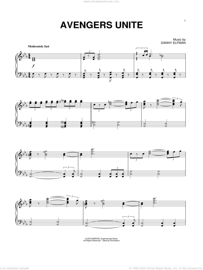 Avengers Unite (from Avengers: Age of Ultron), (intermediate) sheet music for piano solo by Danny Elfman, intermediate skill level