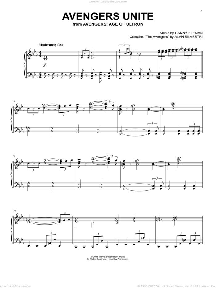 Avengers Unite (from Avengers: Age of Ultron), (intermediate) sheet music for piano solo by Danny Elfman, intermediate skill level
