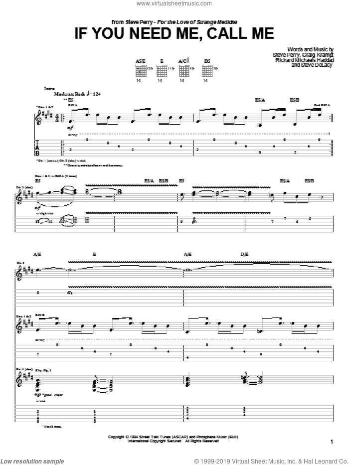 If You Need Me, Call Me sheet music for guitar (tablature) by Steve Perry, Craig Krampf, Richard Michaels Haddad and Steve DeLacy, intermediate skill level