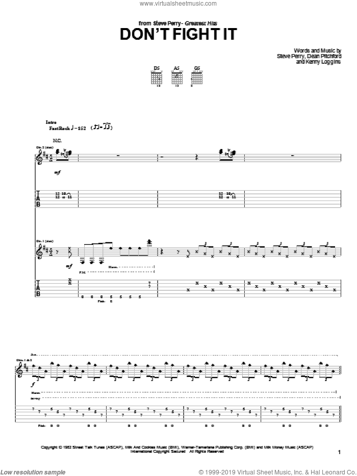 Don't Fight It sheet music for guitar (tablature) by Steve Perry, Dean Pitchford and Kenny Loggins, intermediate skill level