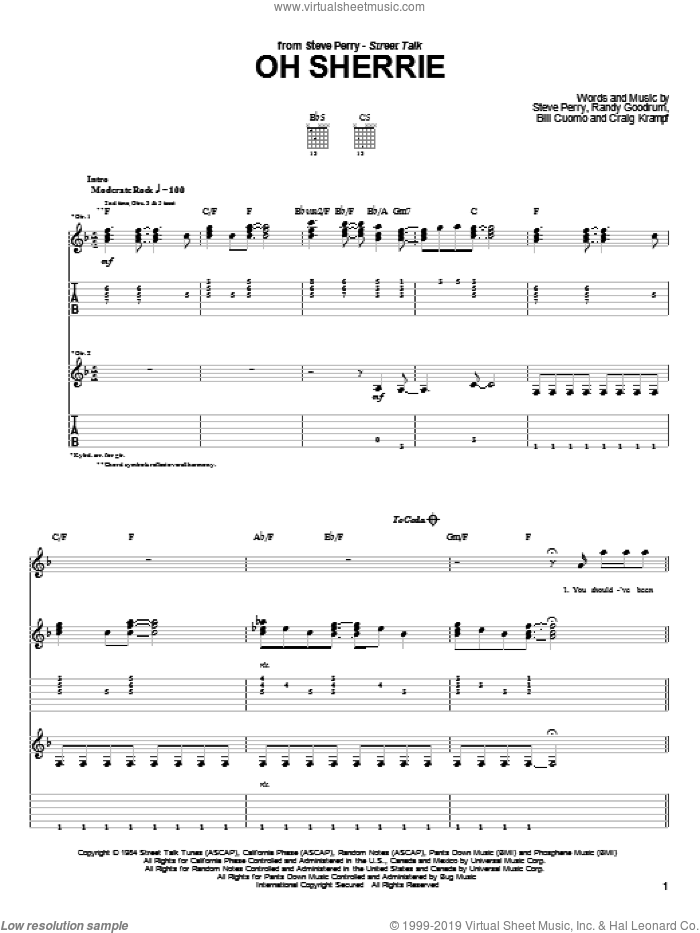 Oh Sherrie sheet music for guitar (tablature) by Steve Perry, Bill Cuomo, Craig Krampf and Randy Goodrum, intermediate skill level