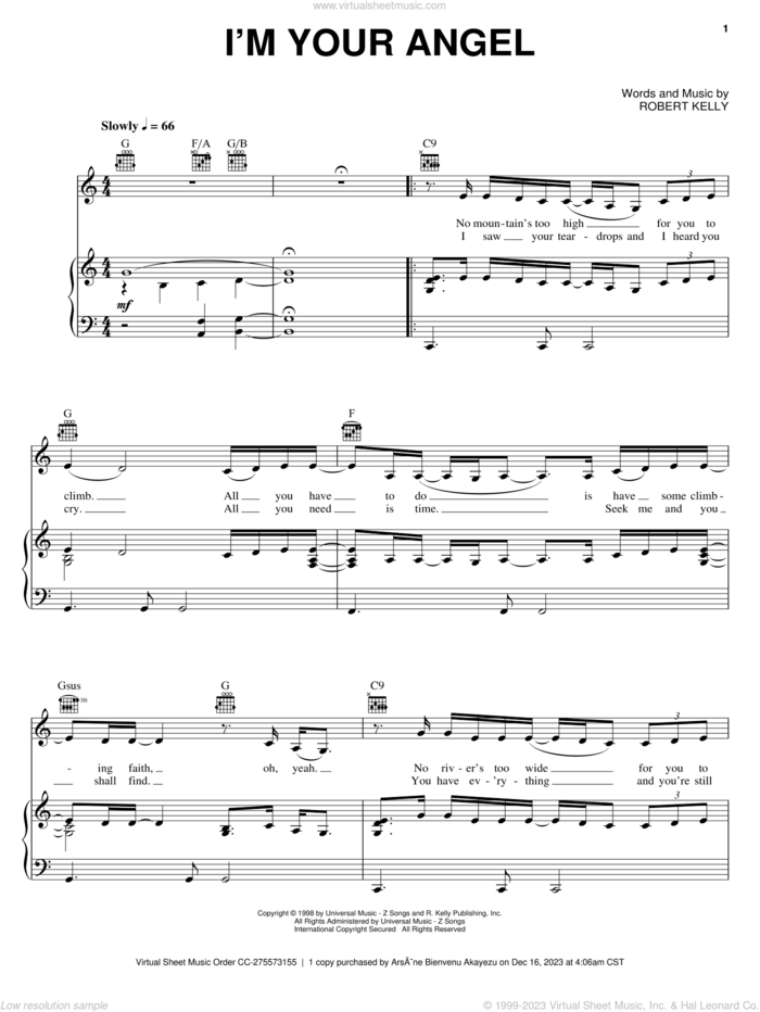 I'm Your Angel sheet music for voice, piano or guitar by Celine Dion and Robert Kelly, wedding score, intermediate skill level