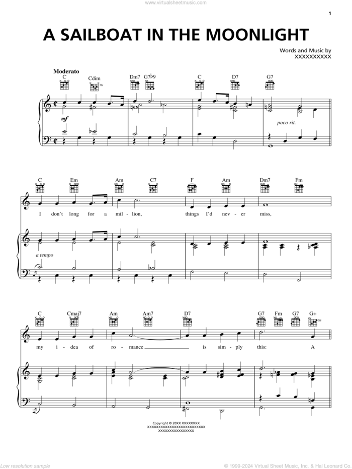 A Sailboat In The Moonlight sheet music for voice, piano or guitar by Billie Holiday, Carmen Lombardo and John Jacob Loeb, intermediate skill level