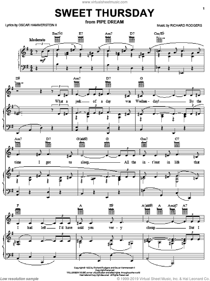Sweet Thursday sheet music for voice, piano or guitar by Rodgers & Hammerstein, Pipe Dream (Musical), Oscar II Hammerstein and Richard Rodgers, intermediate skill level