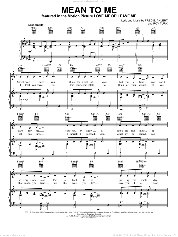 Mean To Me (from Love Me Or Leave Me) sheet music for voice, piano or guitar by Fred Ahlert, Billie Holiday, Lester Young, Sarah Vaughan and Roy Turk, intermediate skill level