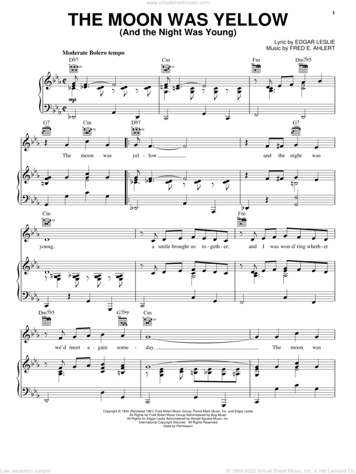 The Moon Was Yellow (And The Night Was Young) sheet music for voice, piano or guitar by Edgar Leslie, Frank Sinatra and Fred Ahlert, intermediate skill level