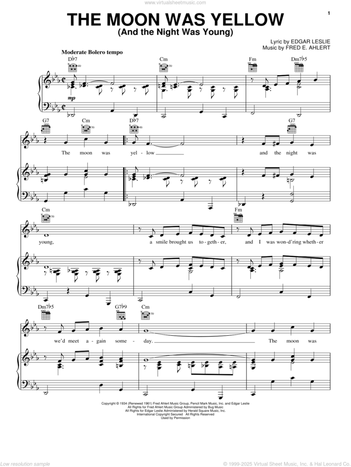 The Moon Was Yellow (And The Night Was Young) sheet music for voice, piano or guitar by Edgar Leslie, Frank Sinatra and Fred Ahlert, intermediate skill level