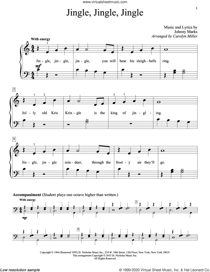 Jingle, Jingle, Jingle sheet music for piano solo (elementary) by Johnny Marks and Carolyn Miller, beginner piano (elementary)