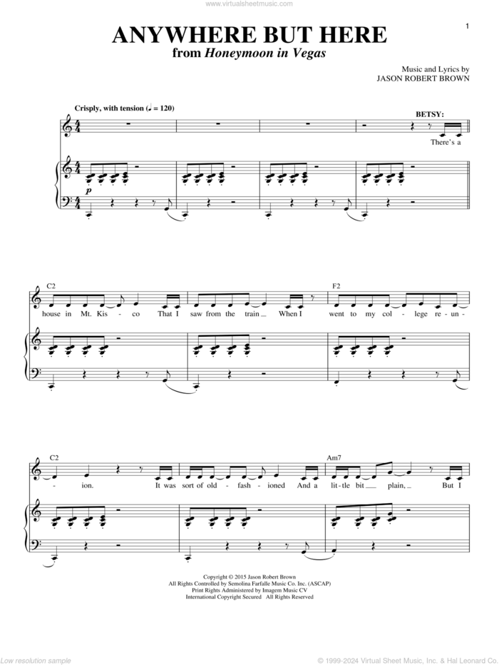 Anywhere But Here (from Honeymoon in Vegas) sheet music for voice and piano by Jason Robert Brown and Richard Walters, intermediate skill level
