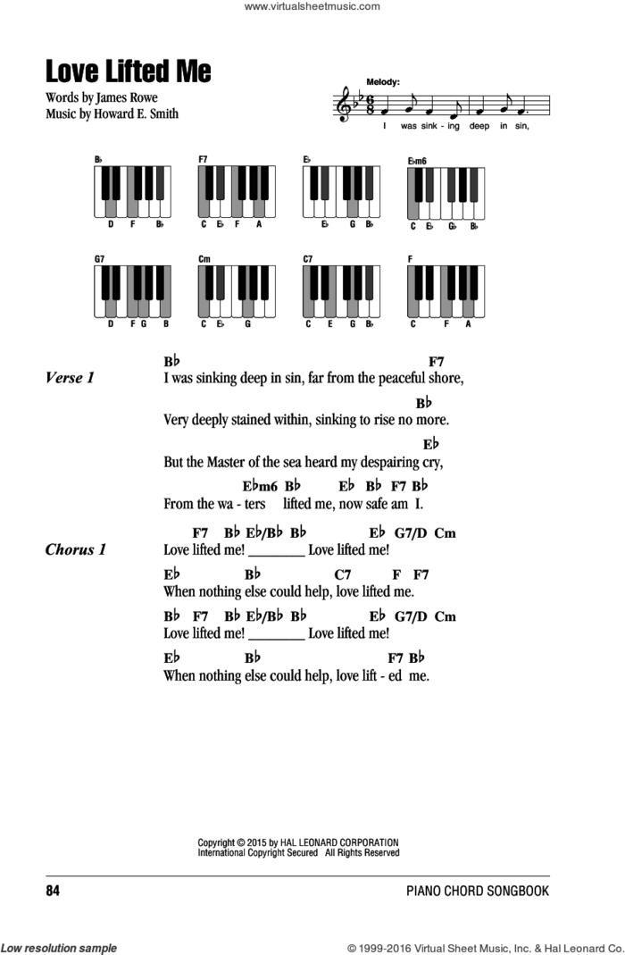 Love Lifted Me sheet music for piano solo (chords, lyrics, melody) by James Rowe and Howard E. Smith, intermediate piano (chords, lyrics, melody)