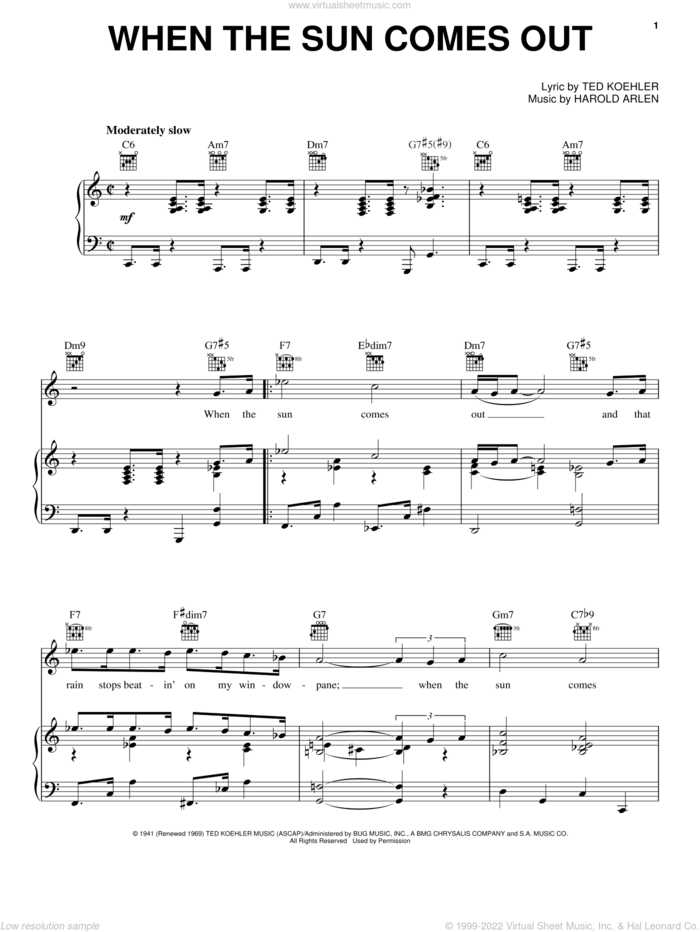 When The Sun Comes Out sheet music for voice, piano or guitar by Mel Torme, Harold Arlen and Ted Koehler, intermediate skill level