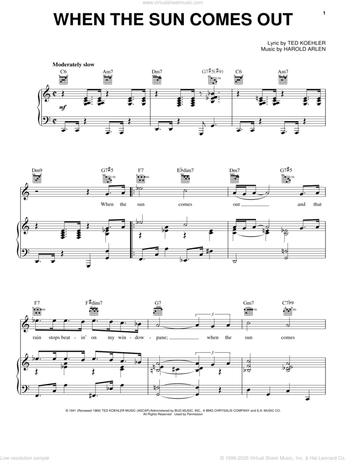 When The Sun Comes Out sheet music for voice, piano or guitar by Mel Torme, Harold Arlen and Ted Koehler, intermediate skill level