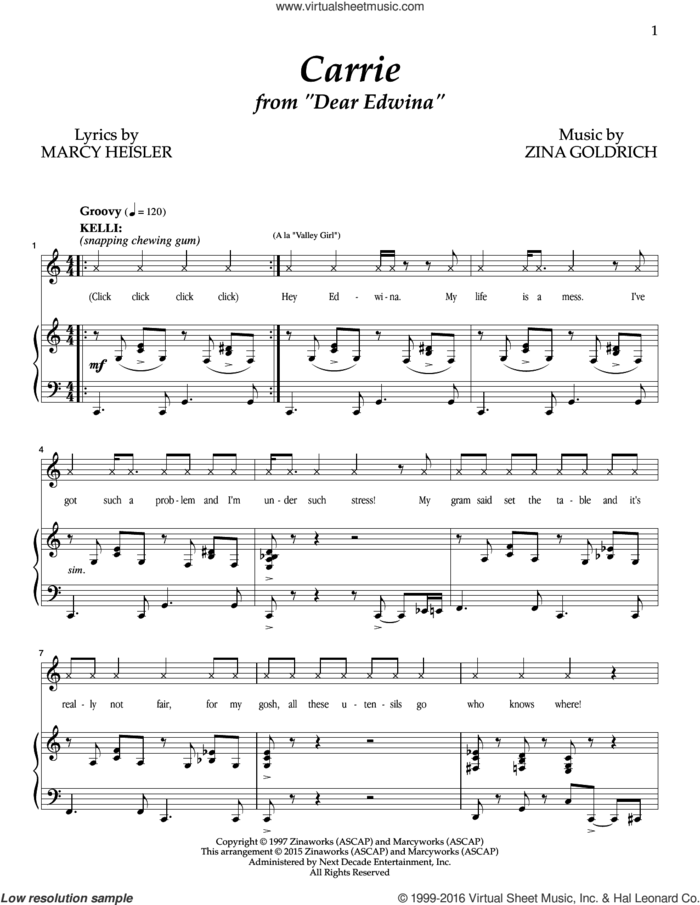 Carrie sheet music for voice and piano by Goldrich & Heisler, Marcy Heisler and Zina Goldrich, intermediate skill level