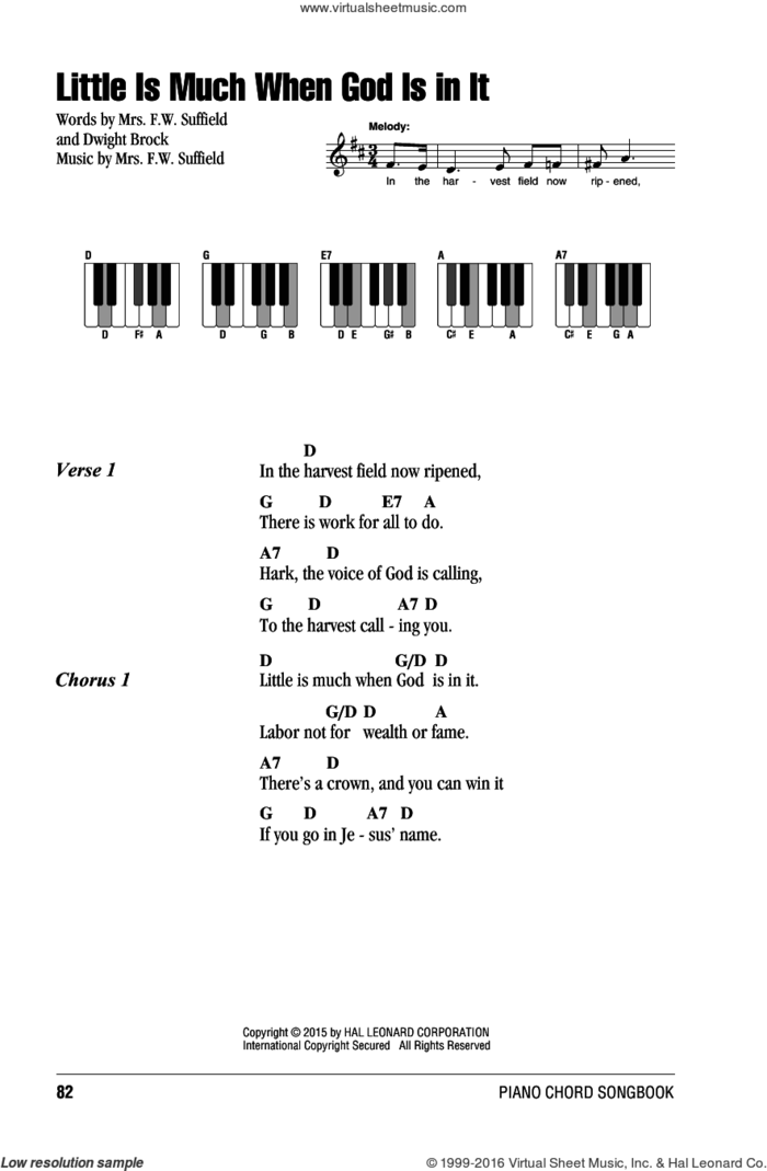 Little Is Much When God Is In It sheet music for piano solo (chords, lyrics, melody) by Mrs. F.W. Suffield and Dwight Brock, intermediate piano (chords, lyrics, melody)