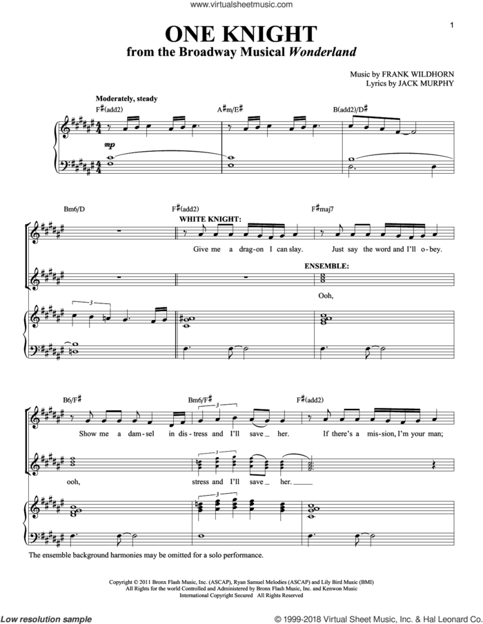 One Knight sheet music for voice and piano (Tenor) by Frank Wildhorn, Richard Walters and Jack Murphy, intermediate skill level