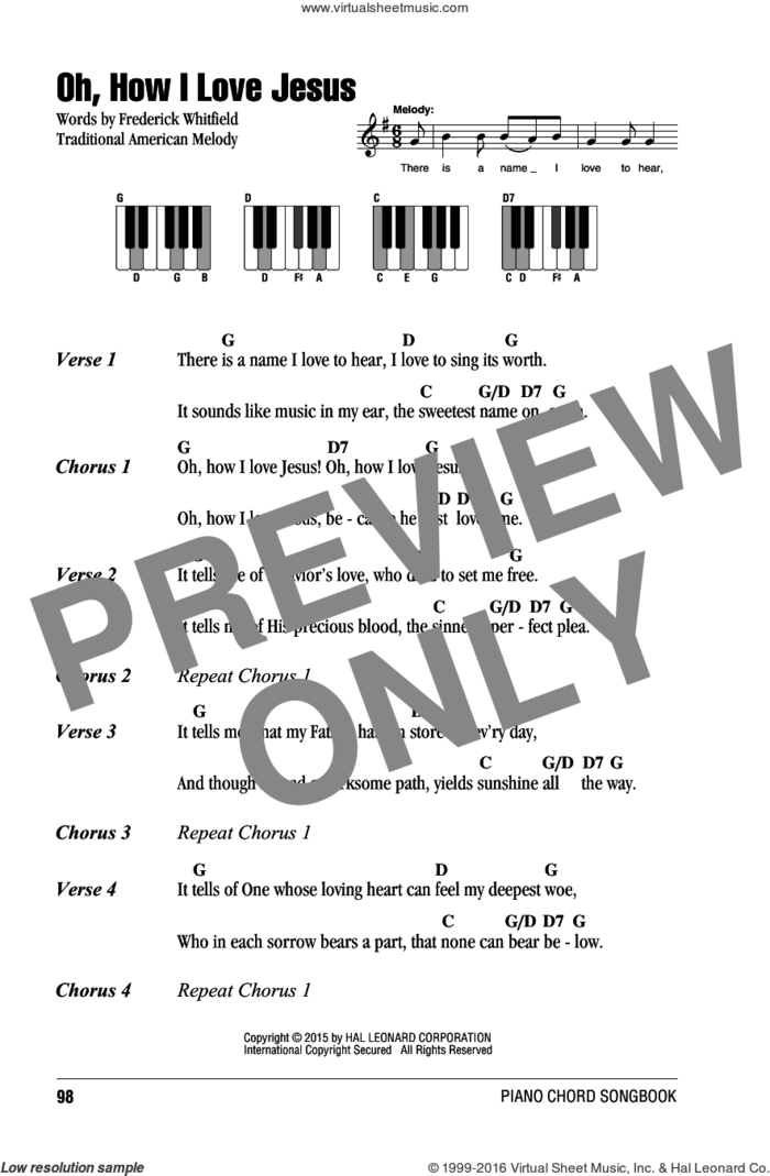 Oh, How I Love Jesus (O How I Love Jesus) sheet music for piano solo (chords, lyrics, melody) by Frederick Whitfield and Miscellaneous, intermediate piano (chords, lyrics, melody)