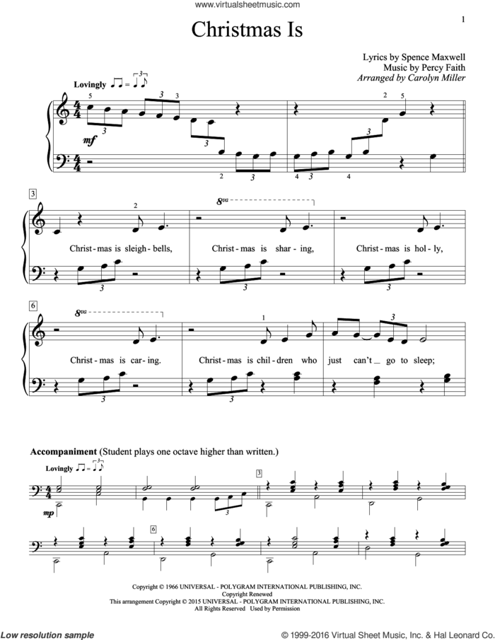 Christmas Is sheet music for piano solo (elementary) by Percy Faith, Carolyn Miller and Spence Maxwell, beginner piano (elementary)