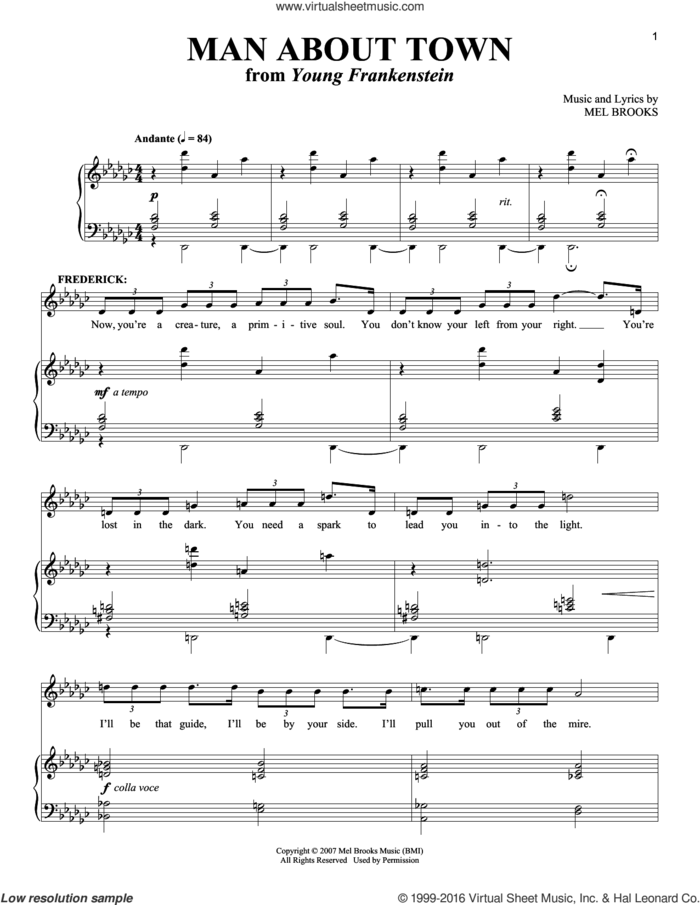 Man About Town sheet music for voice and piano by Mel Brooks and Richard Walters, intermediate skill level