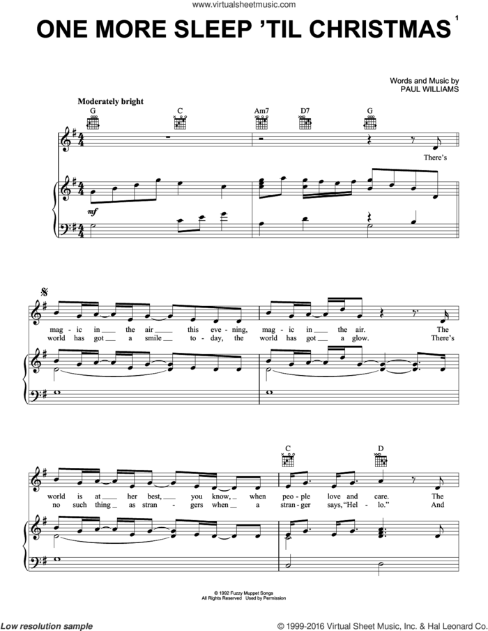 One More Sleep 'Til Christmas (from The Muppet Christmas Carol) sheet music for voice, piano or guitar by Paul Williams, intermediate skill level