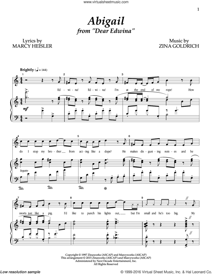 Abigail sheet music for voice and piano by Goldrich & Heisler, Marcy Heisler and Zina Goldrich, intermediate skill level