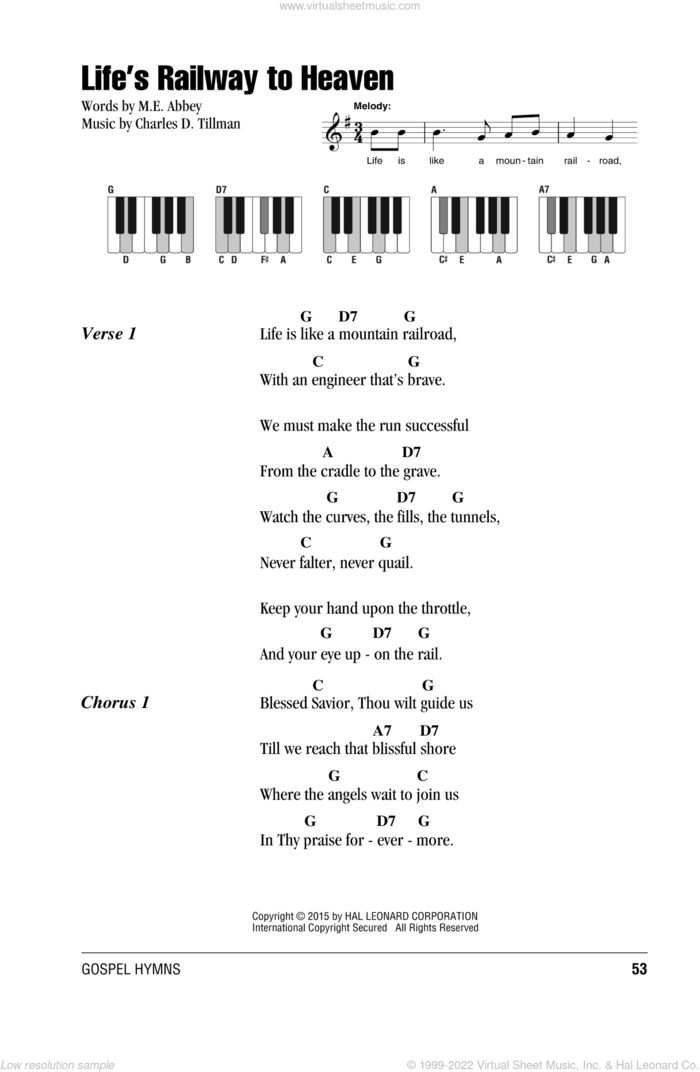 Life's Railway To Heaven sheet music for piano solo (chords, lyrics, melody) by Charles D. Tillman and M.E. Abbey, intermediate piano (chords, lyrics, melody)