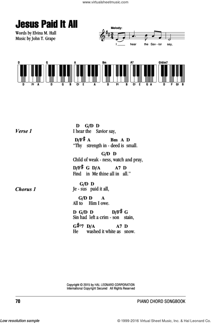 Jesus Paid It All sheet music for piano solo (chords, lyrics, melody) by John T. Grape and Elvina M. Hall, intermediate piano (chords, lyrics, melody)