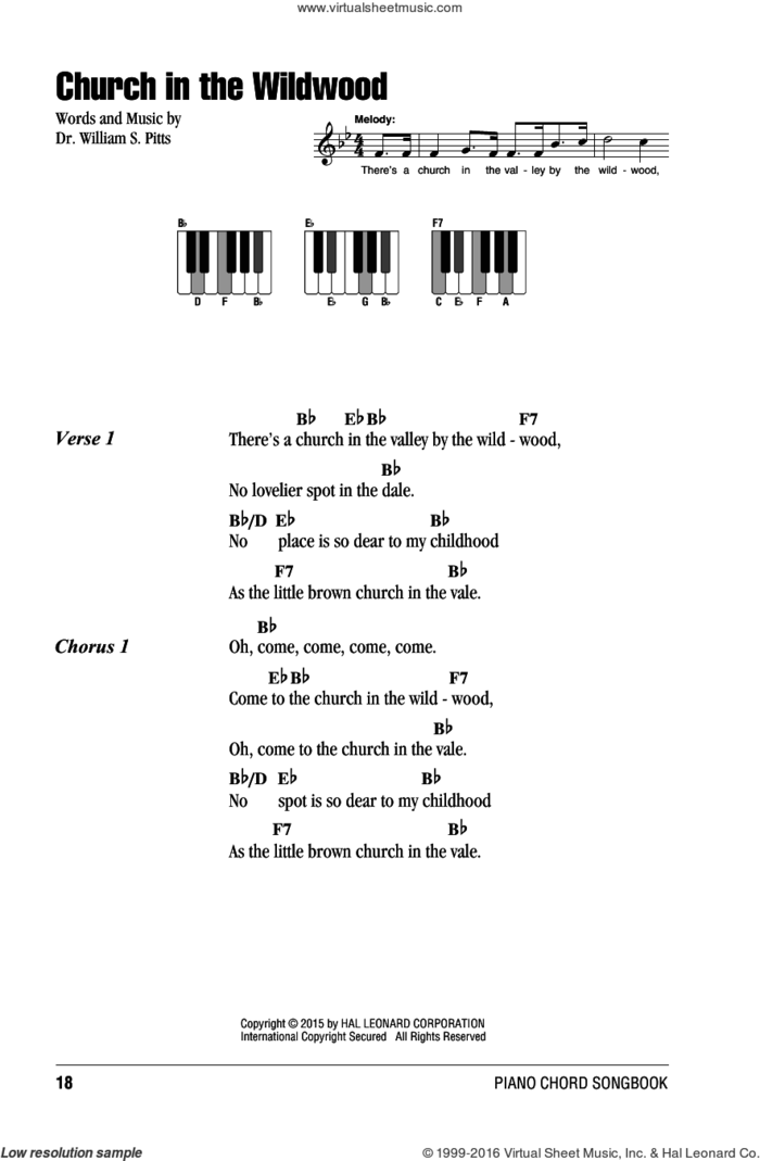 Church In The Wildwood sheet music for piano solo (chords, lyrics, melody) by Dr. William S. Pitts, intermediate piano (chords, lyrics, melody)