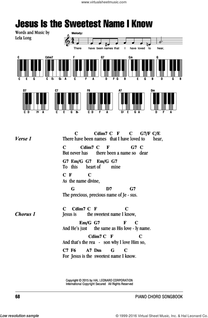 Jesus Is The Sweetest Name I Know sheet music for piano solo (chords, lyrics, melody) by Lela Long, intermediate piano (chords, lyrics, melody)