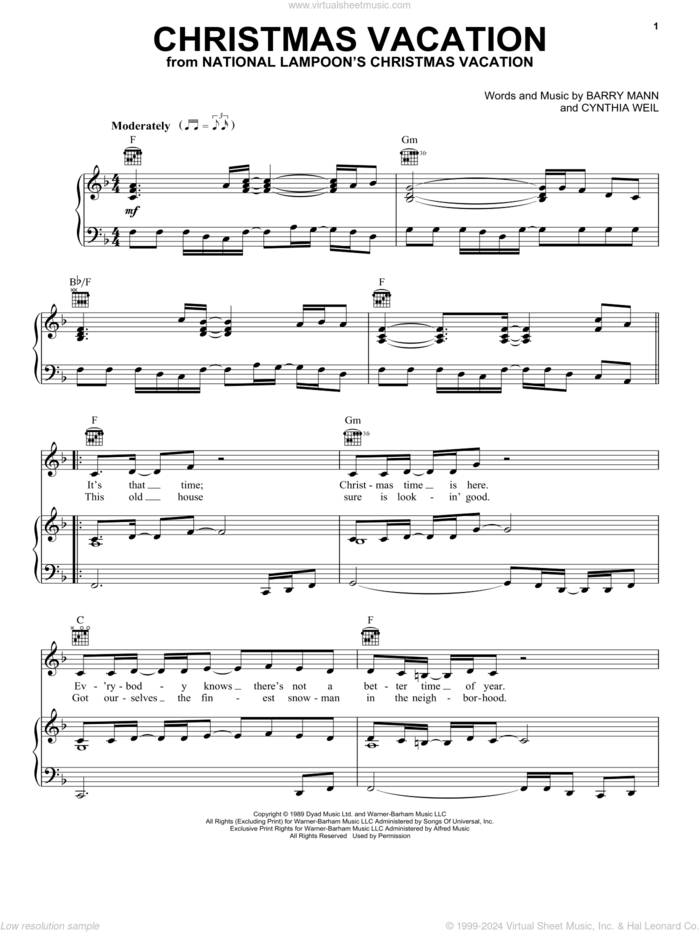 Christmas Vacation sheet music for voice, piano or guitar by Cynthia Weil and Barry Mann, intermediate skill level