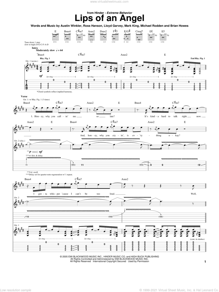 Lips Of An Angel sheet music for guitar (tablature) by Hinder, Austin Winkler, Brian Howes, Lloyd Garvey, Mark King, Michael Rodden and Ross Hanson, intermediate skill level
