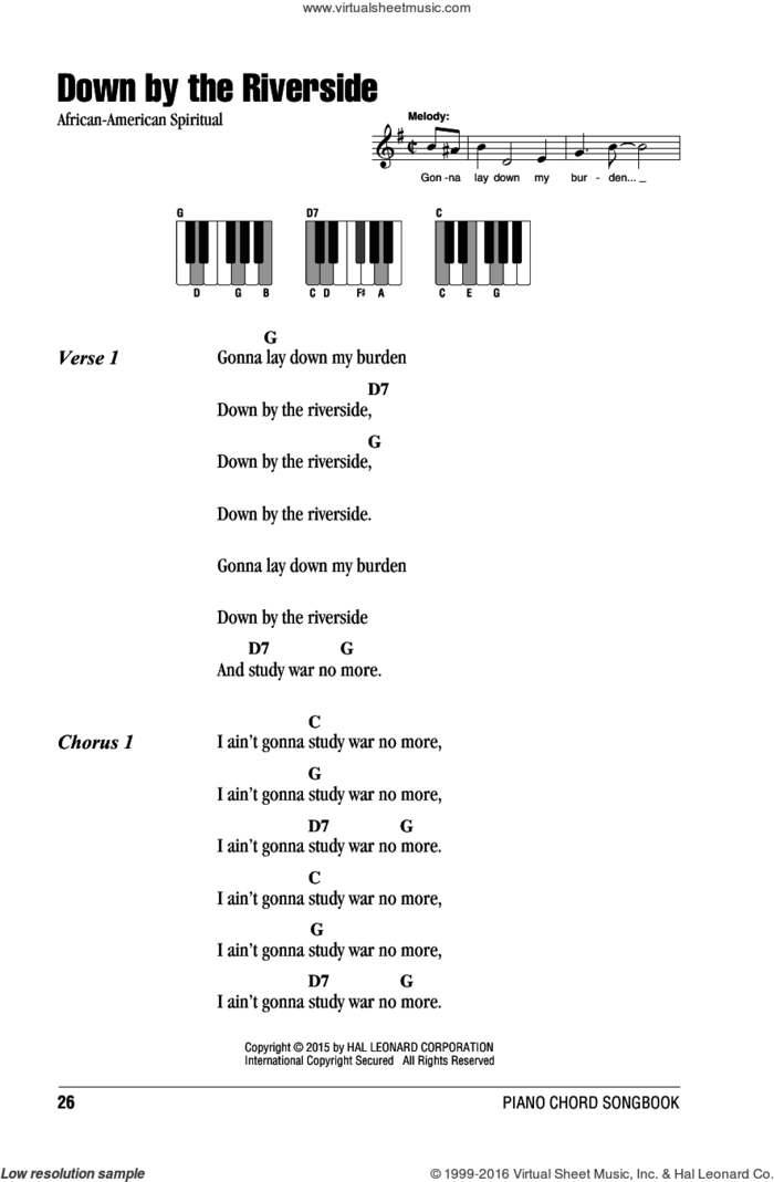 Down By The Riverside sheet music for piano solo (chords, lyrics, melody), intermediate piano (chords, lyrics, melody)