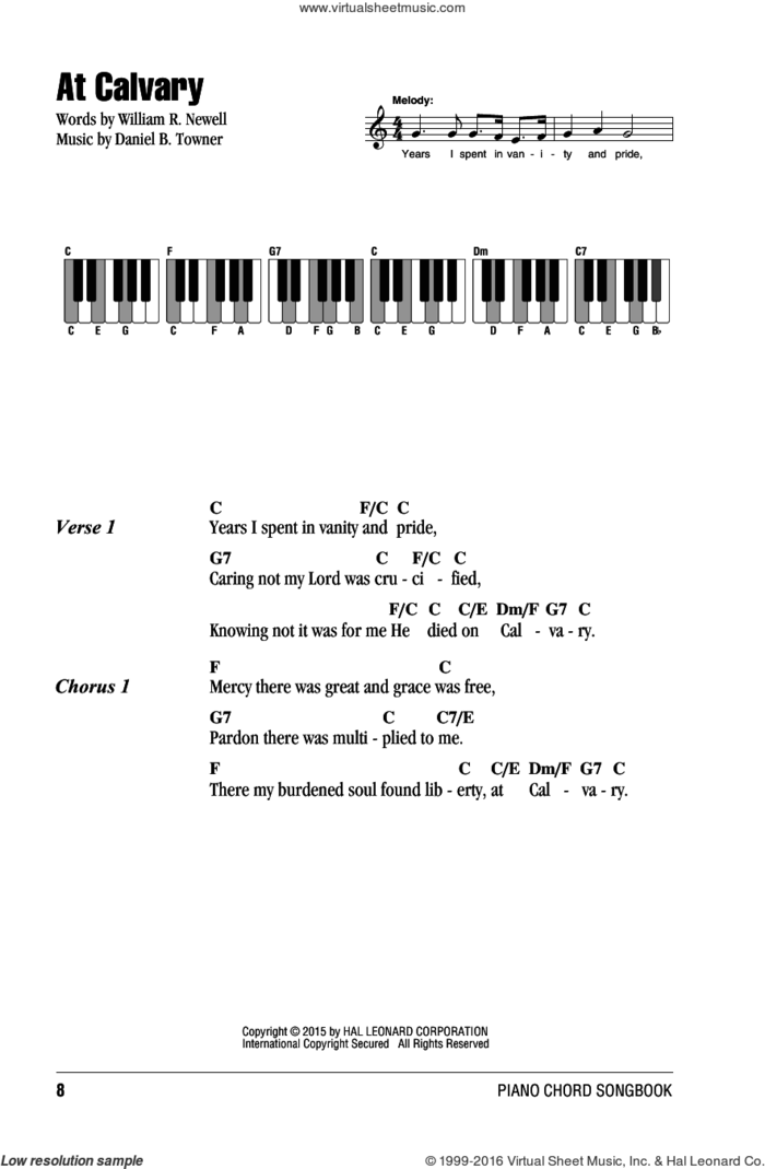 At Calvary sheet music for piano solo (chords, lyrics, melody) by William R. Newell and Daniel B. Towner, intermediate piano (chords, lyrics, melody)