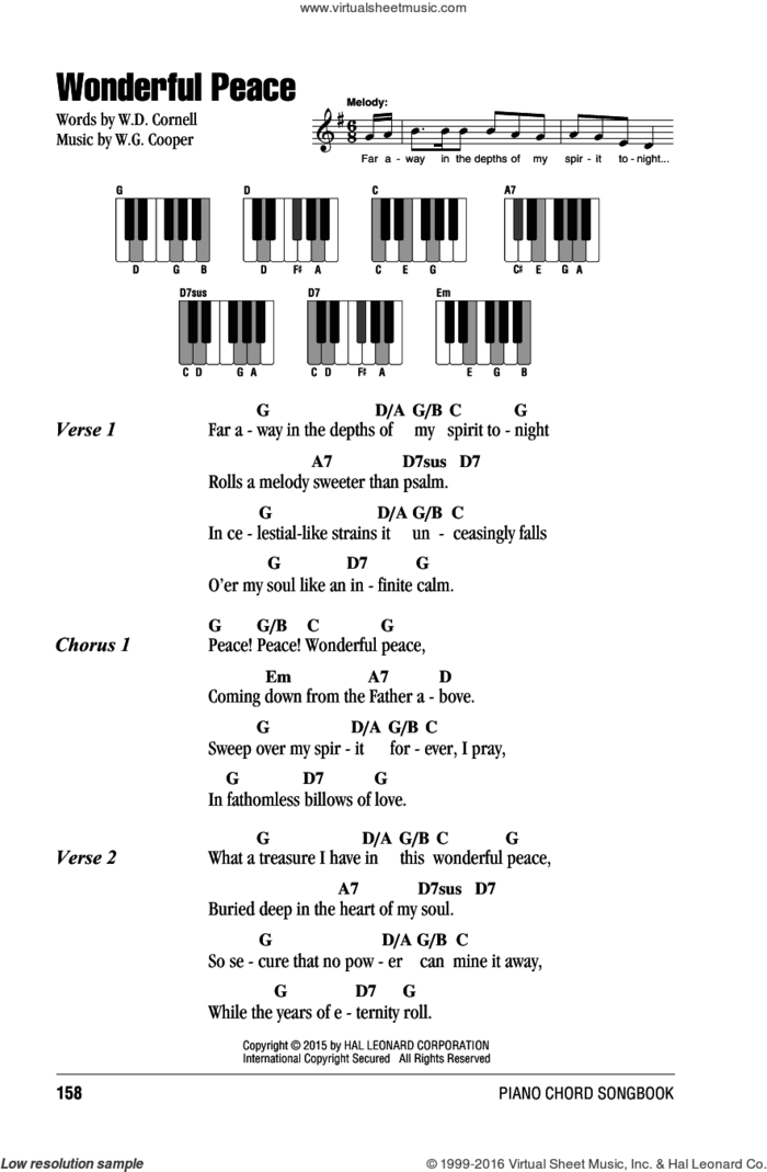 Wonderful Peace sheet music for piano solo (chords, lyrics, melody) by W.D. Cornell and W.G. Cooper, intermediate piano (chords, lyrics, melody)