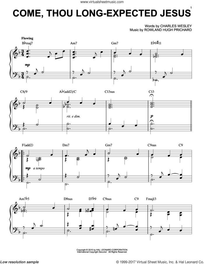 Come, Thou Long-Expected Jesus [Jazz version] (arr. Brent Edstrom) sheet music for piano solo by Charles Wesley and Rowland Prichard, intermediate skill level
