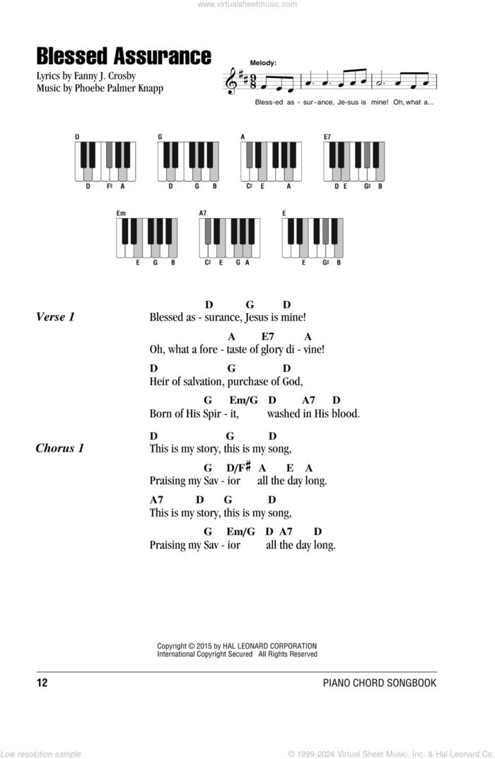 Blessed Assurance sheet music for piano solo (chords, lyrics, melody) by Fanny J. Crosby and Phoebe Palmer Knapp, intermediate piano (chords, lyrics, melody)