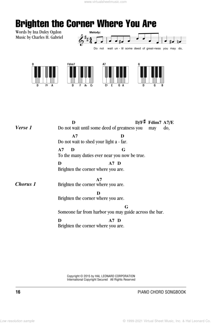 Brighten The Corner Where You Are sheet music for piano solo (chords, lyrics, melody) by Charles H. Gabriel and Ina Duley Ogdon, intermediate piano (chords, lyrics, melody)