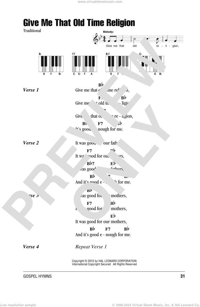 Give Me That Old Time Religion sheet music for piano solo (chords, lyrics, melody), intermediate piano (chords, lyrics, melody)