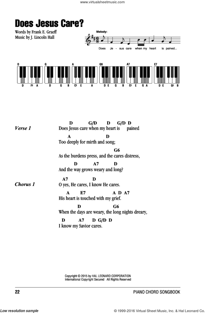 Does Jesus Care? sheet music for piano solo (chords, lyrics, melody) by Frank E. Graeff and J. Lincoln Hall, intermediate piano (chords, lyrics, melody)