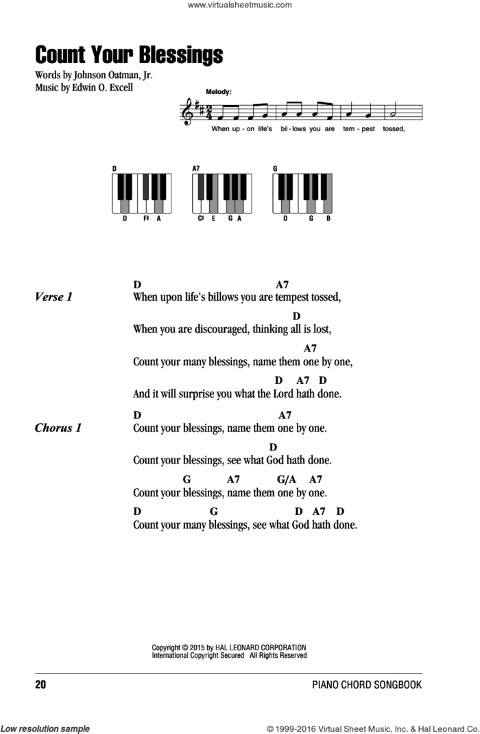 Count Your Blessings sheet music for piano solo (chords, lyrics, melody) by Edwin O. Excell and Johnson Oatman, Jr., intermediate piano (chords, lyrics, melody)