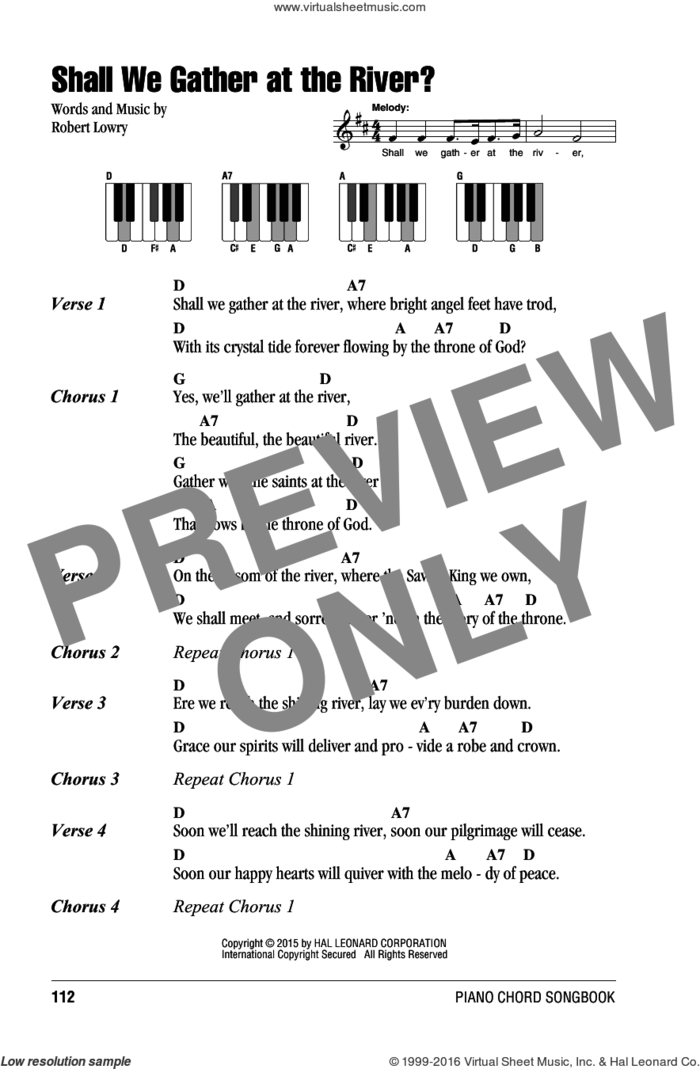 Shall We Gather At The River? sheet music for piano solo (chords, lyrics, melody) by Robert Lowry, intermediate piano (chords, lyrics, melody)