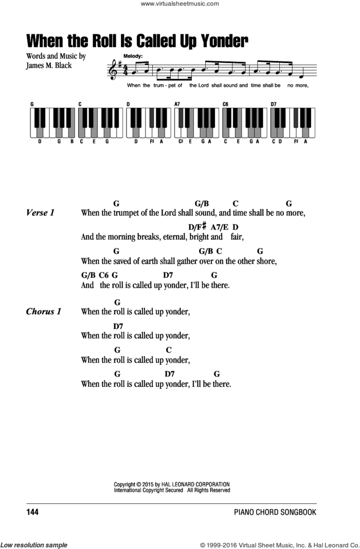 When The Roll Is Called Up Yonder sheet music for piano solo (chords, lyrics, melody) by James M. Black, intermediate piano (chords, lyrics, melody)