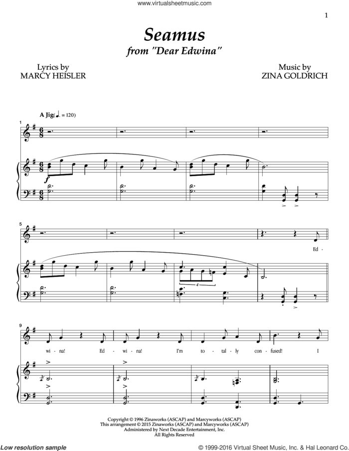 Seamus sheet music for voice and piano by Goldrich & Heisler, Marcy Heisler and Zina Goldrich, intermediate skill level