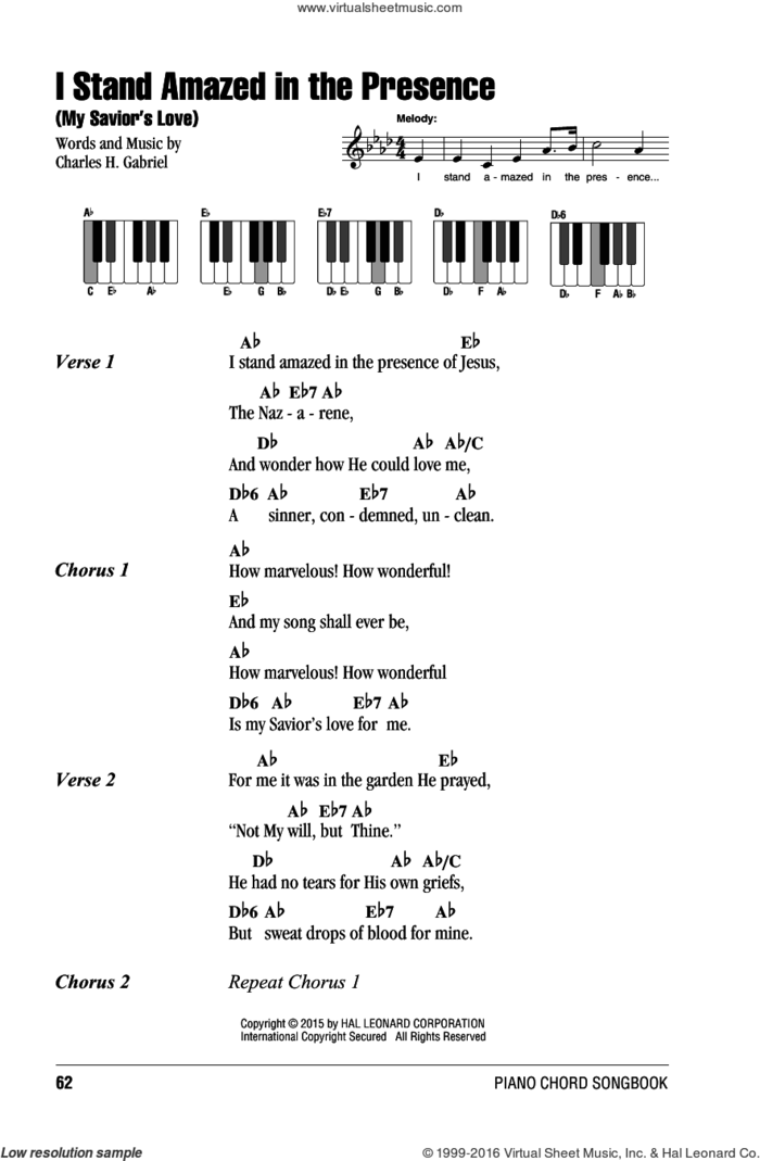 I Stand Amazed In The Presence (My Savior's Love) sheet music for piano solo (chords, lyrics, melody) by Charles H. Gabriel, intermediate piano (chords, lyrics, melody)