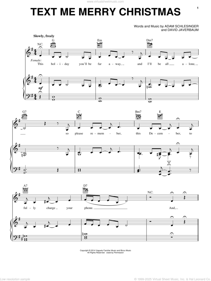 Text Me Merry Christmas sheet music for voice, piano or guitar by Straight No Chaser featuring Kristen Bell, Adam Schlesinger and David Javerbaum, intermediate skill level