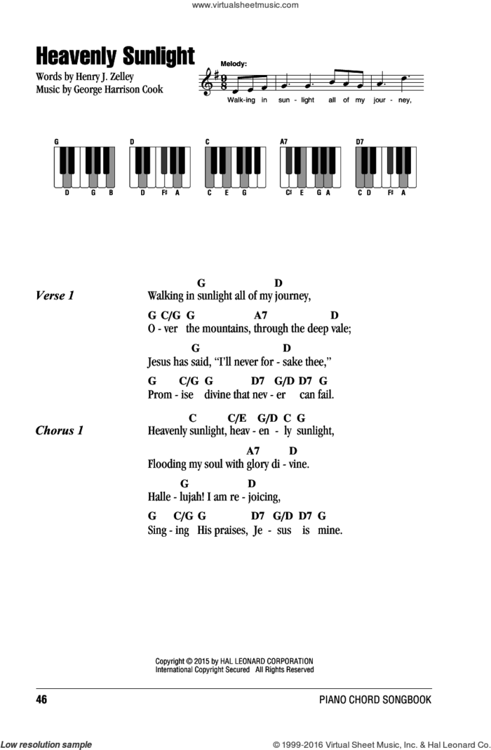 Heavenly Sunlight sheet music for piano solo (chords, lyrics, melody) by George Harrison Cook and Henry J. Zelley, intermediate piano (chords, lyrics, melody)