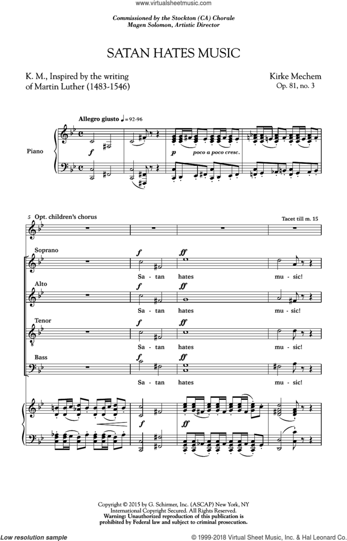 Satan Hates Music sheet music for choir (SATB: soprano, alto, tenor, bass) by Kirke Mechem, intermediate skill level