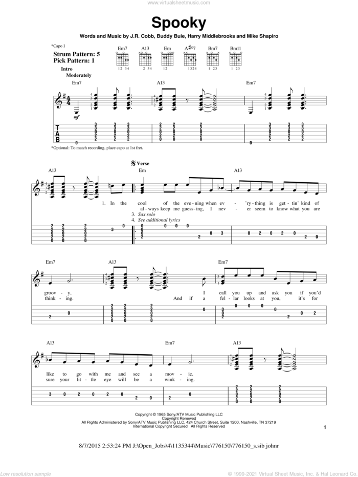 Spooky sheet music for guitar solo (easy tablature) by Classics IV, Buddy Buie, Harry Middlebrooks, J.R. Cobb and Mike Shapiro, easy guitar (easy tablature)